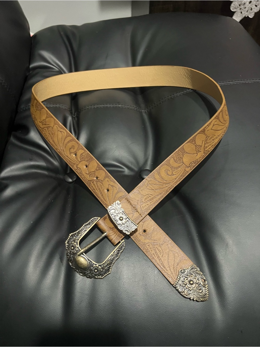 Women's brown Tooled Leather Belt with Ornate Silver-Tone Buckle
